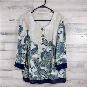 I.N.C. International Concepts 3/4 Sleeves Paisley Linen Boho Tunic Women’s Large